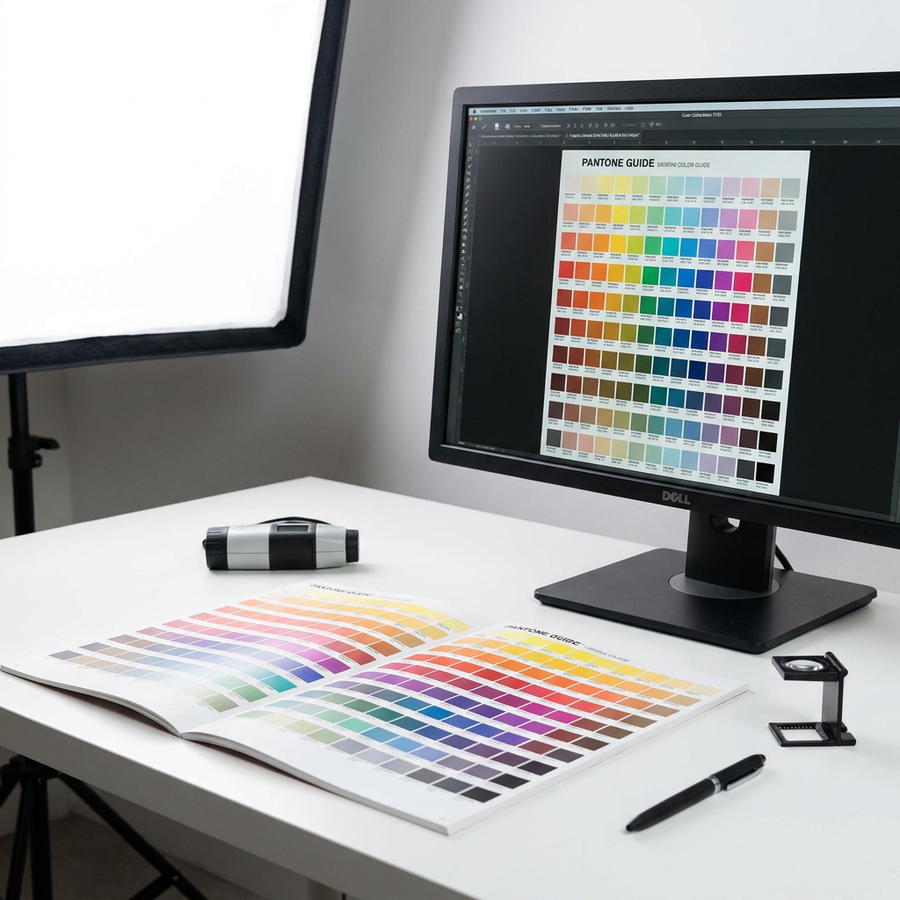 Printed color swatch chart beside a calibrated monitor