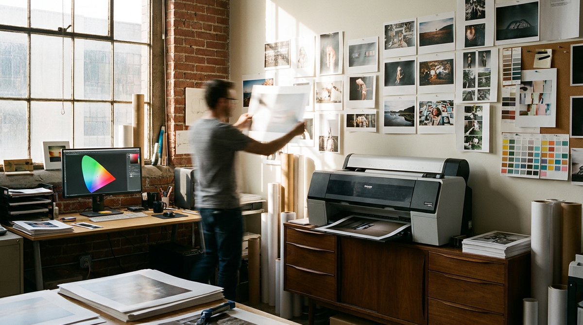 A print maker checking a fresh print in a photo studio