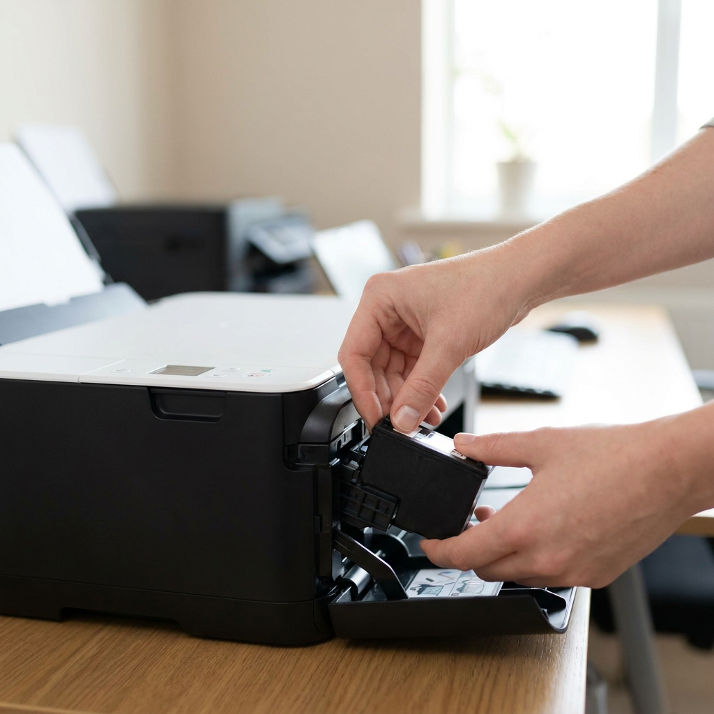 Hands fitting an ink cartridge into a printer