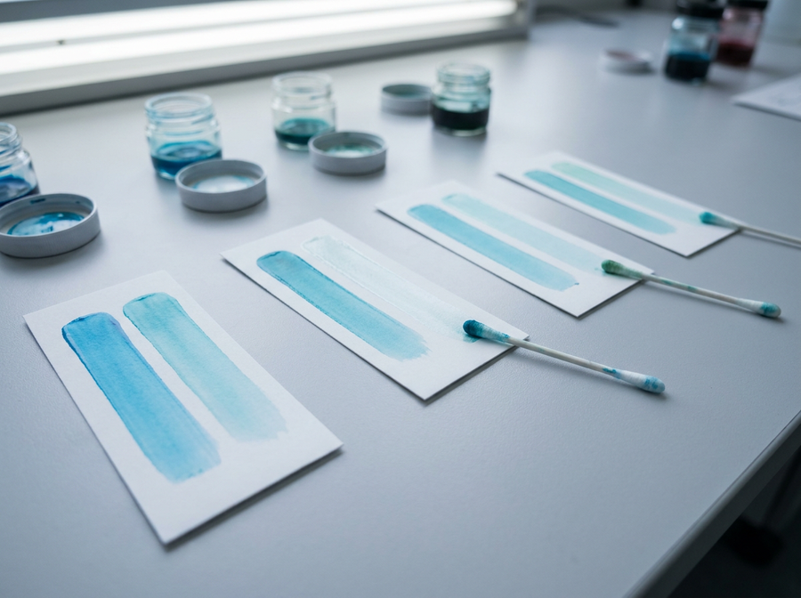 Ink swab tests drying on a lab bench